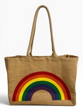 KAF Home Rainbow Jute Market Tote Bag Natural Fiber Beach Grocery Shopping Carry